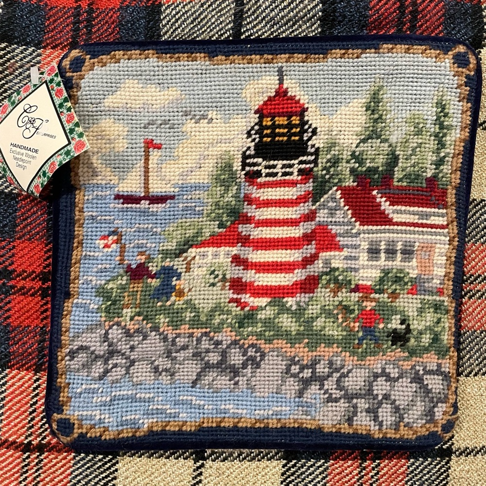 Vintage Nautical Lighthouse Landscape Coast Wool Needlepoint Pillow Cover NEW